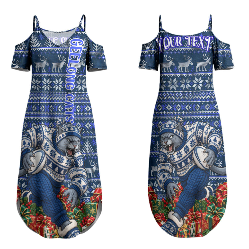 Personalized Geelong Cats Football Christmas Couples Matching Summer Maxi Dress and Hawaiian Shirt Australian Football Mascot - Ugly Xmas Pattern Festive