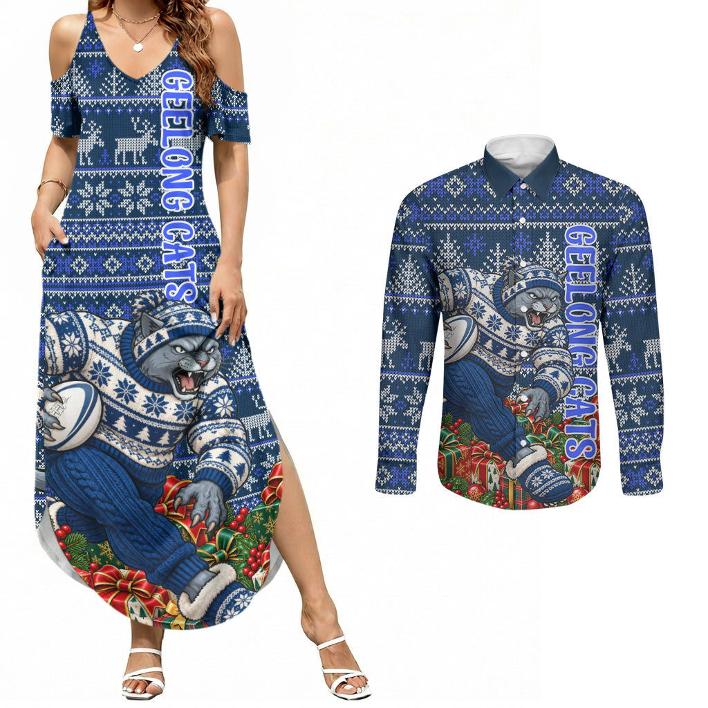 Personalized Geelong Cats Football Christmas Couples Matching Summer Maxi Dress and Long Sleeve Button Shirt Australian Football Mascot - Ugly Xmas Pattern Festive