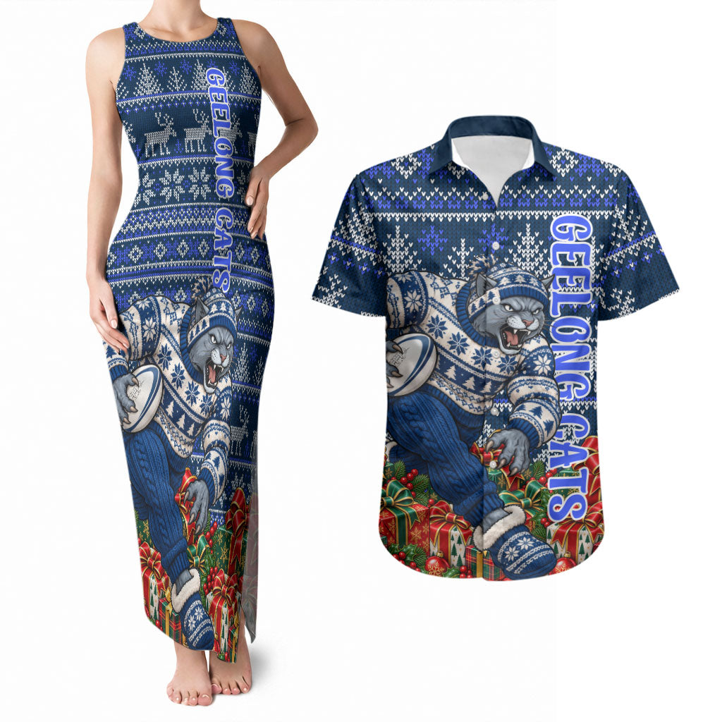 Personalized Geelong Cats Football Christmas Couples Matching Tank Maxi Dress and Hawaiian Shirt Australian Football Mascot - Ugly Xmas Pattern Festive