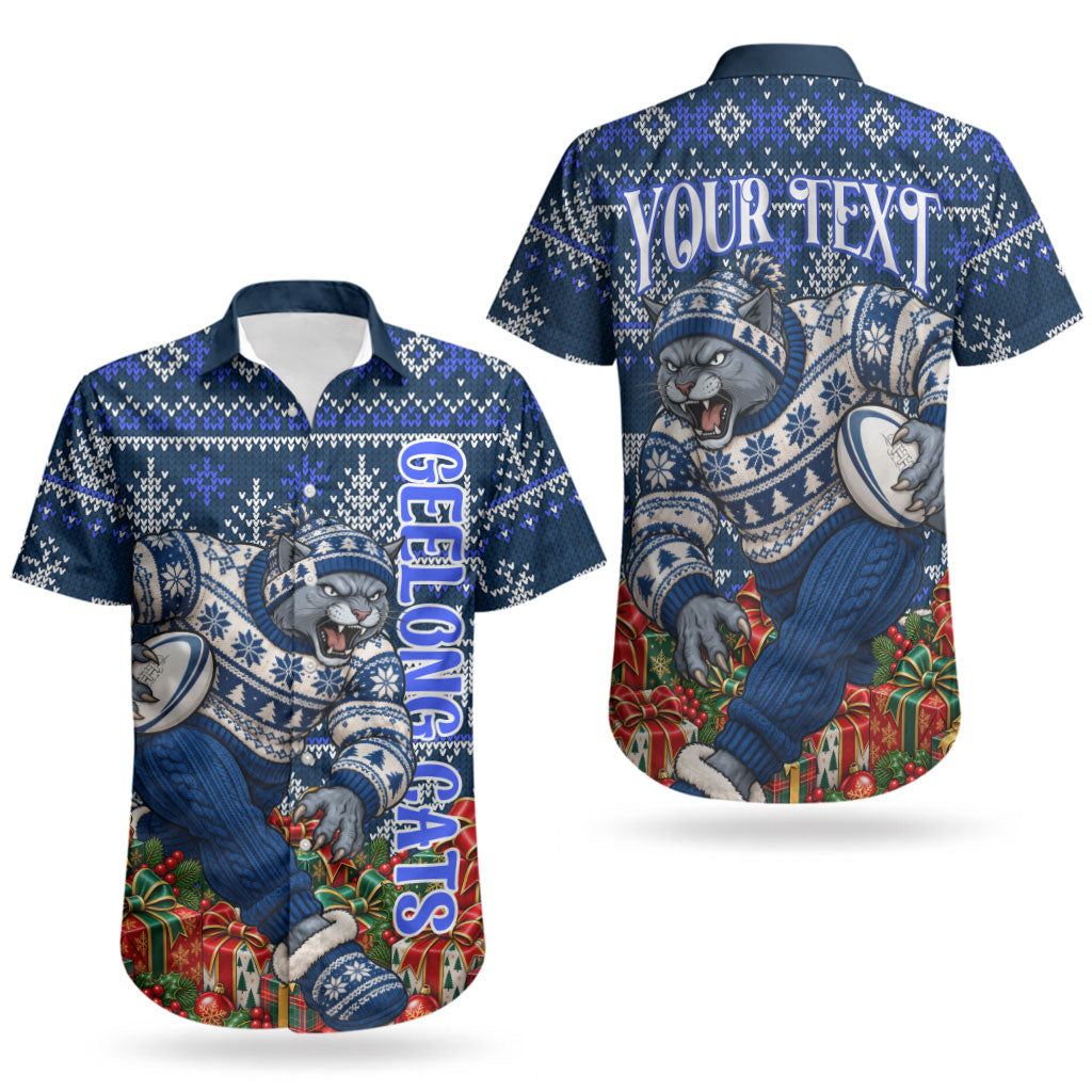 Personalized Geelong Cats Football Christmas Couples Matching Tank Maxi Dress and Hawaiian Shirt Australian Football Mascot - Ugly Xmas Pattern Festive
