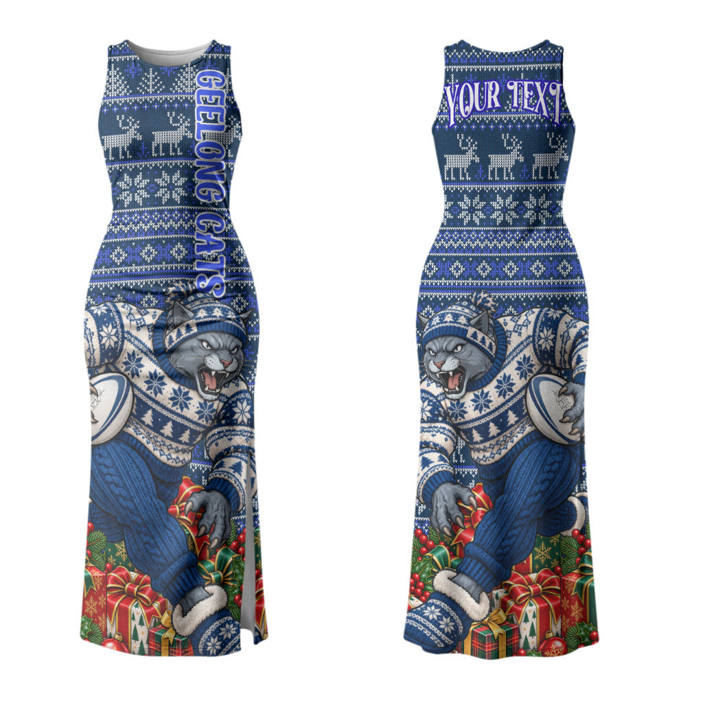 Personalized Geelong Cats Football Christmas Couples Matching Tank Maxi Dress and Hawaiian Shirt Australian Football Mascot - Ugly Xmas Pattern Festive