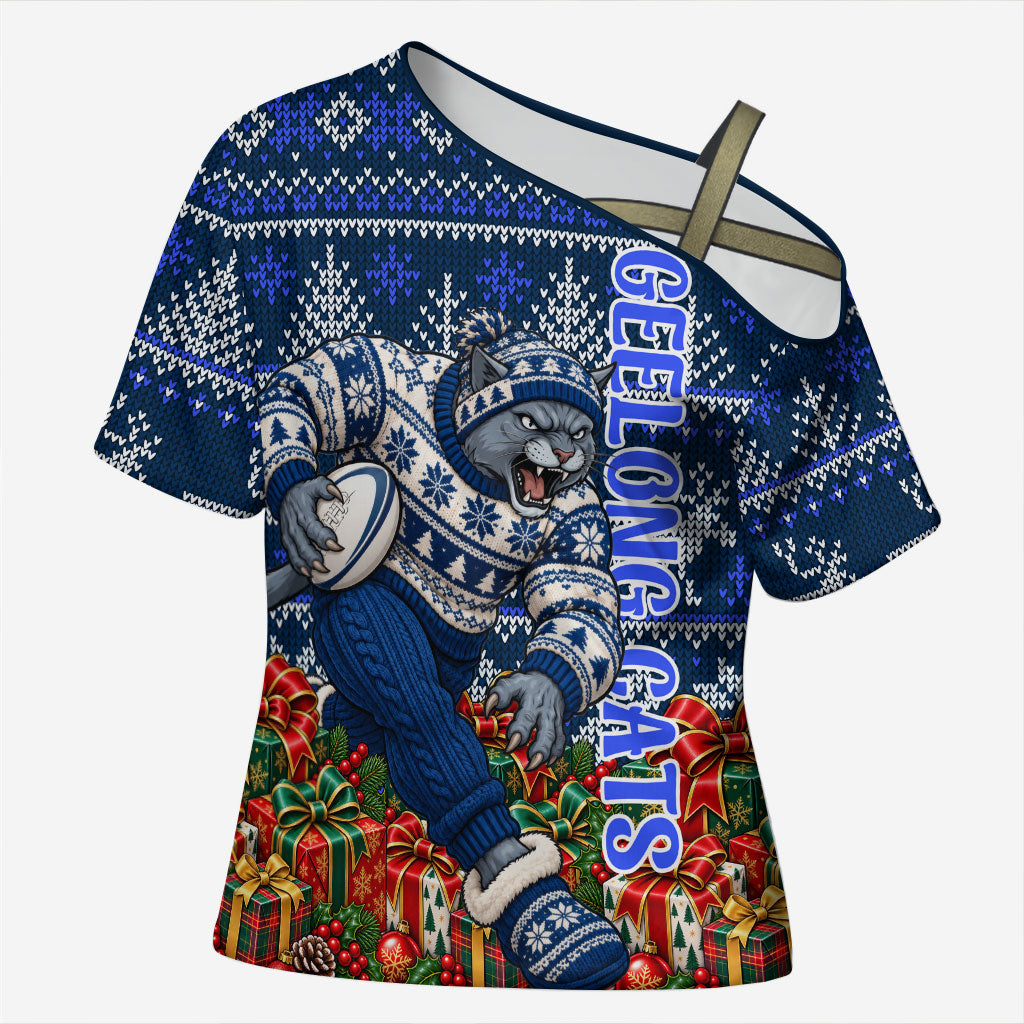 Personalized Geelong Cats Football Christmas Cross Shoulder Shirt Australian Football Mascot - Ugly Xmas Pattern Festive