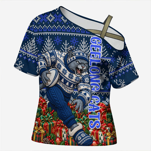 Personalized Geelong Cats Football Christmas Cross Shoulder Shirt Australian Football Mascot - Ugly Xmas Pattern Festive