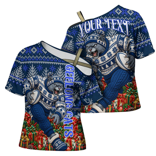 Personalized Geelong Cats Football Christmas Cross Shoulder Shirt Australian Football Mascot - Ugly Xmas Pattern Festive