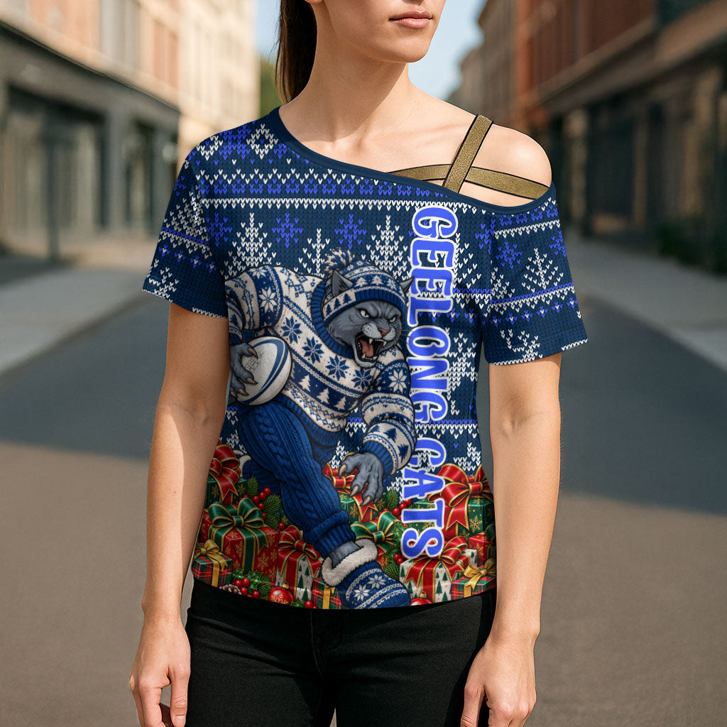 Personalized Geelong Cats Football Christmas Cross Shoulder Shirt Australian Football Mascot - Ugly Xmas Pattern Festive