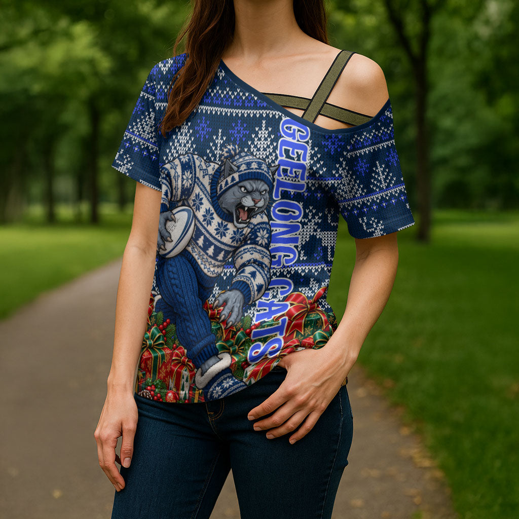 Personalized Geelong Cats Football Christmas Cross Shoulder Shirt Australian Football Mascot - Ugly Xmas Pattern Festive