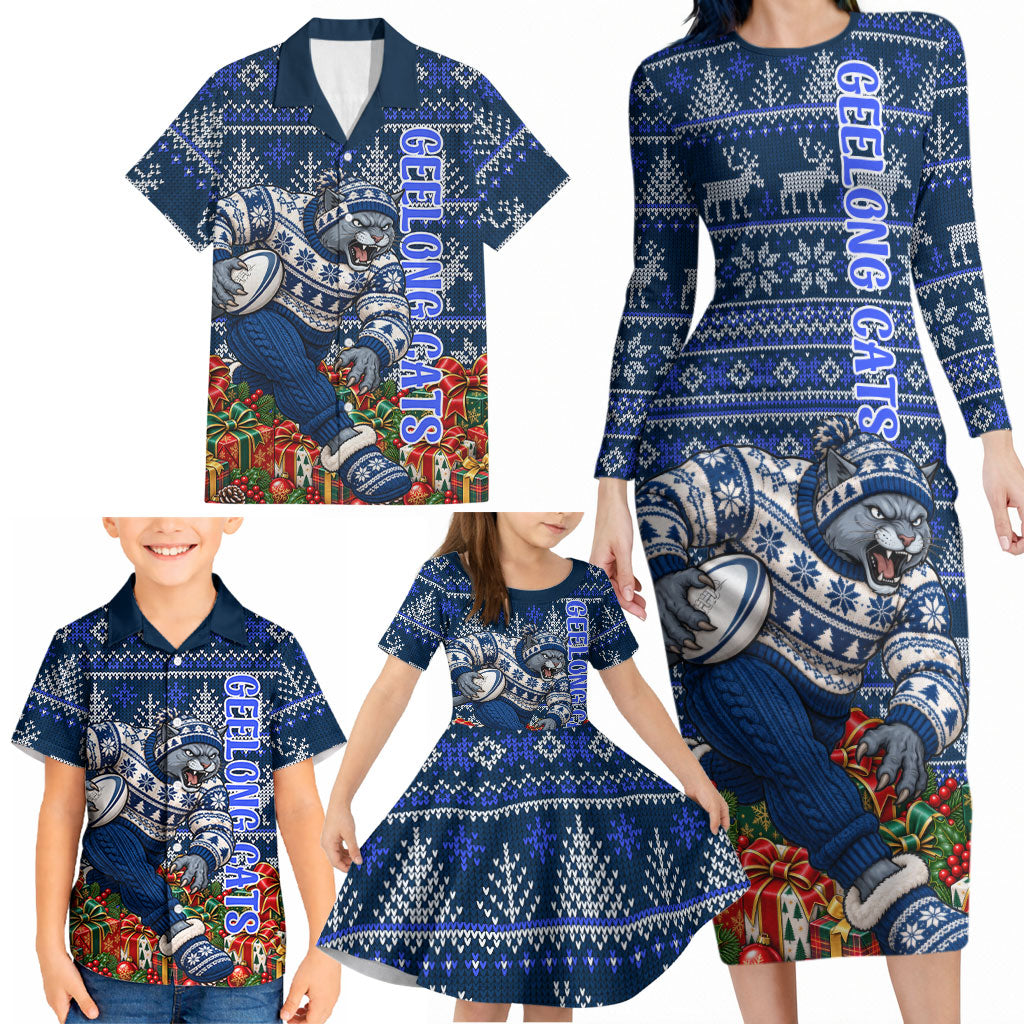 Personalized Geelong Cats Football Christmas Family Matching Long Sleeve Bodycon Dress and Hawaiian Shirt Australian Football Mascot - Ugly Xmas Pattern Festive