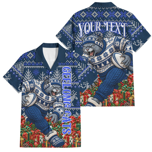 Personalized Geelong Cats Football Christmas Family Matching Off The Shoulder Long Sleeve Dress and Hawaiian Shirt Australian Football Mascot - Ugly Xmas Pattern Festive