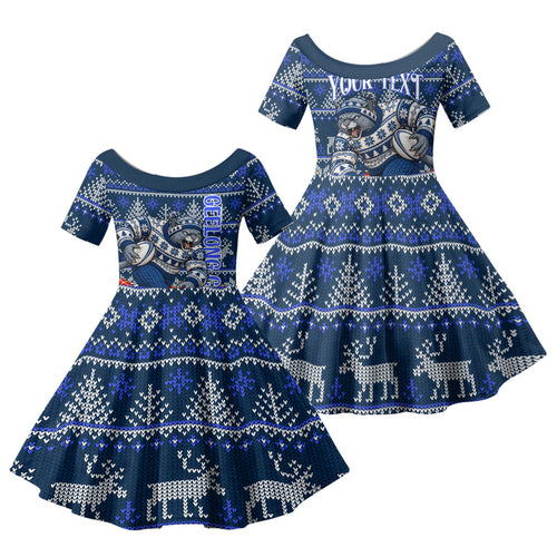 Personalized Geelong Cats Football Christmas Family Matching Off The Shoulder Long Sleeve Dress and Hawaiian Shirt Australian Football Mascot - Ugly Xmas Pattern Festive
