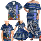 Personalized Geelong Cats Football Christmas Family Matching Off Shoulder Maxi Dress and Hawaiian Shirt Australian Football Mascot - Ugly Xmas Pattern Festive