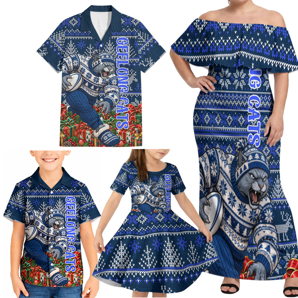 Personalized Geelong Cats Football Christmas Family Matching Off Shoulder Maxi Dress and Hawaiian Shirt Australian Football Mascot - Ugly Xmas Pattern Festive