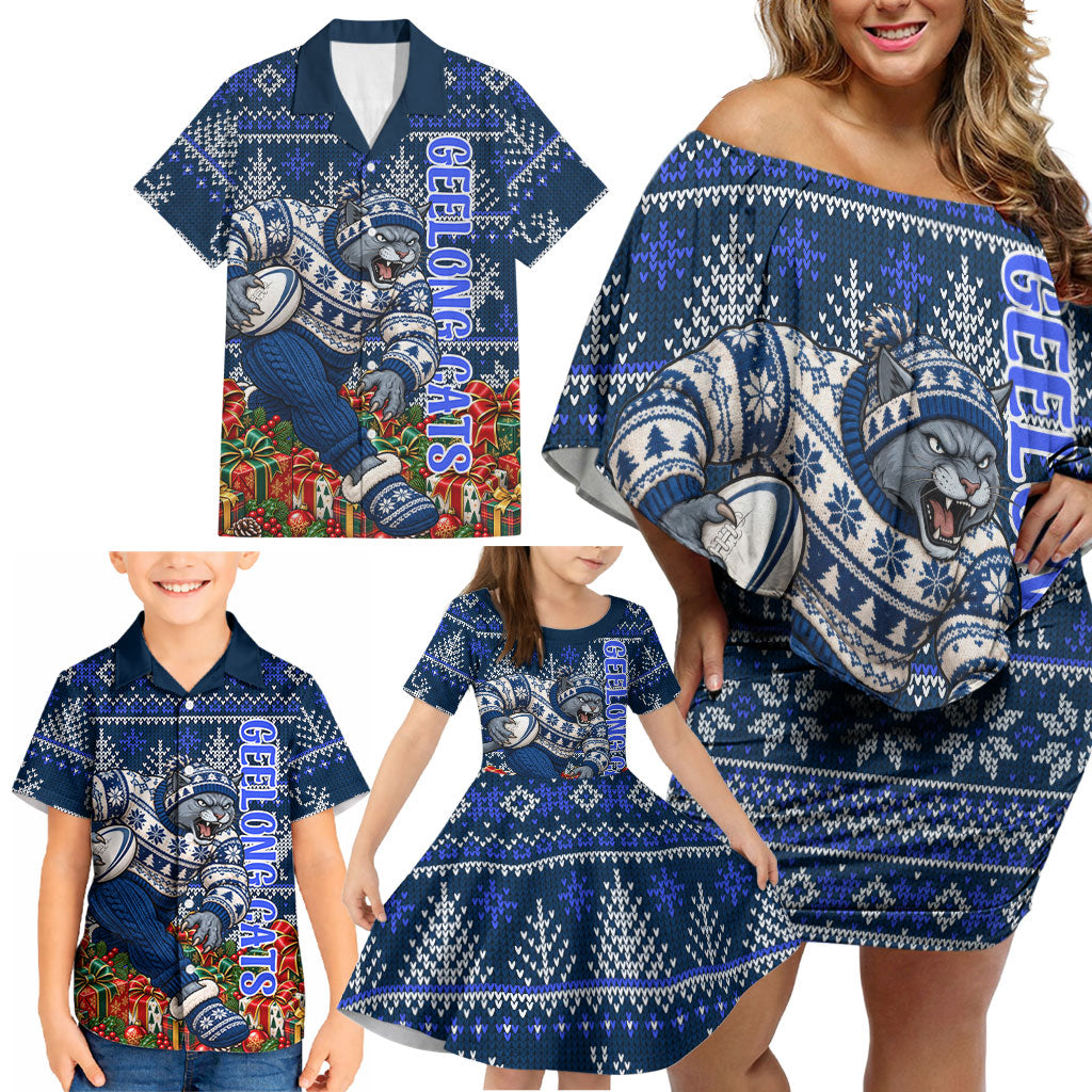 Personalized Geelong Cats Football Christmas Family Matching Off Shoulder Short Dress and Hawaiian Shirt Australian Football Mascot - Ugly Xmas Pattern Festive