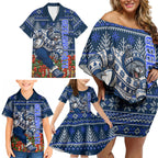 Personalized Geelong Cats Football Christmas Family Matching Off Shoulder Short Dress and Hawaiian Shirt Australian Football Mascot - Ugly Xmas Pattern Festive