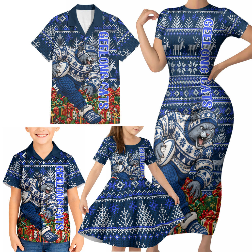 Personalized Geelong Cats Football Christmas Family Matching Short Sleeve Bodycon Dress and Hawaiian Shirt Australian Football Mascot - Ugly Xmas Pattern Festive
