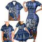 Personalized Geelong Cats Football Christmas Family Matching Short Sleeve Bodycon Dress and Hawaiian Shirt Australian Football Mascot - Ugly Xmas Pattern Festive