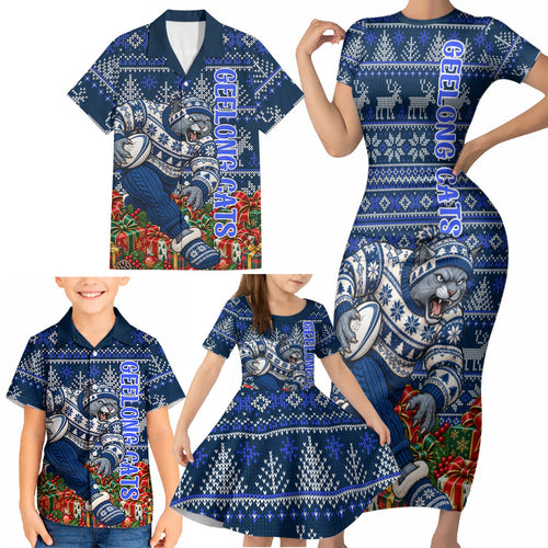 Personalized Geelong Cats Football Christmas Family Matching Short Sleeve Bodycon Dress and Hawaiian Shirt Australian Football Mascot - Ugly Xmas Pattern Festive