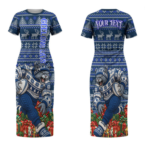 Personalized Geelong Cats Football Christmas Family Matching Short Sleeve Bodycon Dress and Hawaiian Shirt Australian Football Mascot - Ugly Xmas Pattern Festive