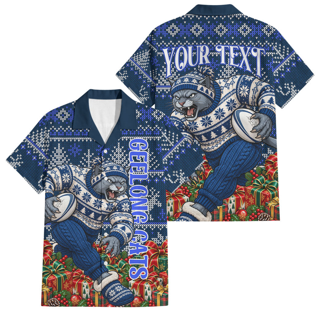 Personalized Geelong Cats Football Christmas Family Matching Short Sleeve Bodycon Dress and Hawaiian Shirt Australian Football Mascot - Ugly Xmas Pattern Festive