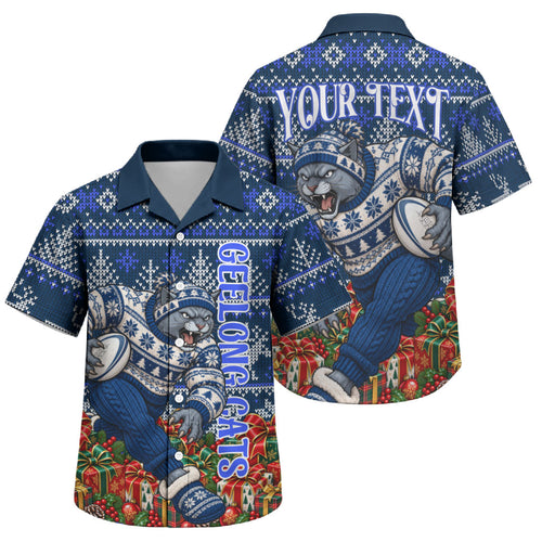 Personalized Geelong Cats Football Christmas Family Matching Short Sleeve Bodycon Dress and Hawaiian Shirt Australian Football Mascot - Ugly Xmas Pattern Festive