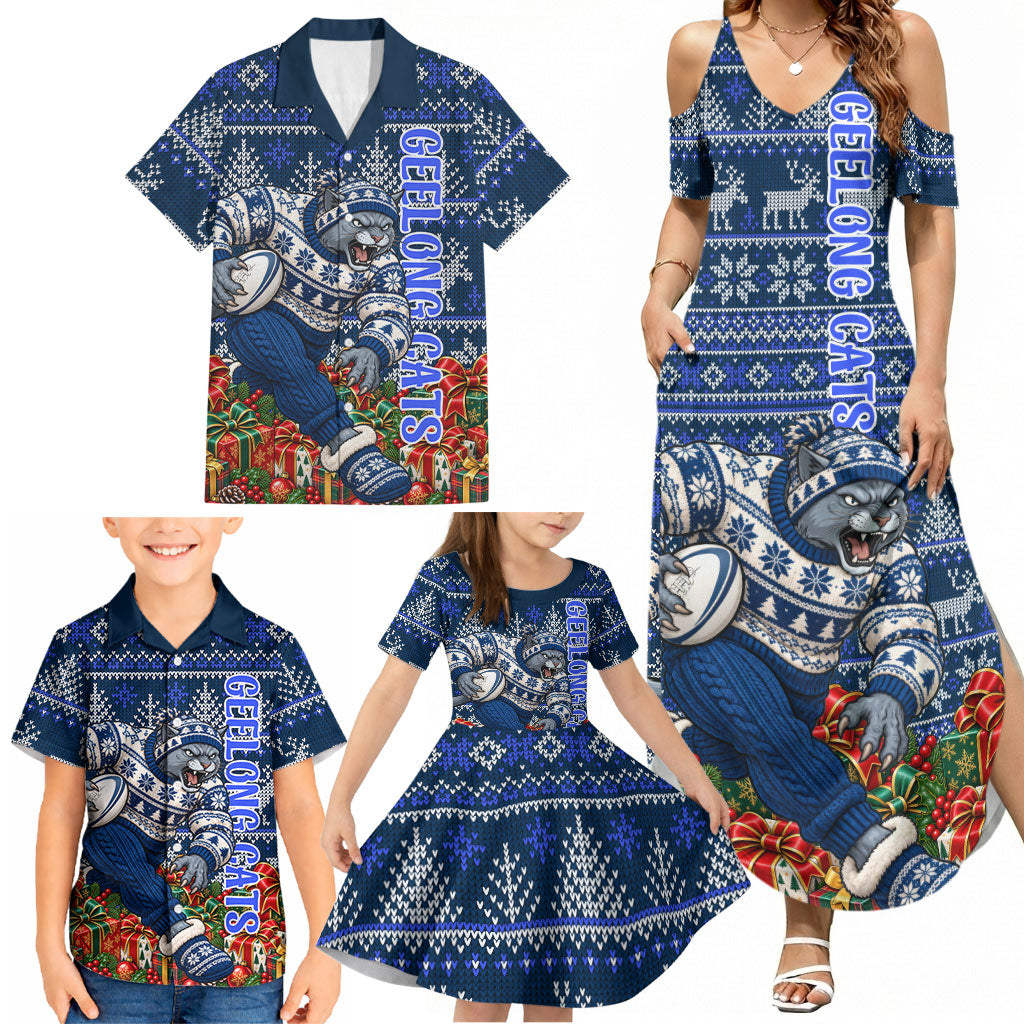 Personalized Geelong Cats Football Christmas Family Matching Summer Maxi Dress and Hawaiian Shirt Australian Football Mascot - Ugly Xmas Pattern Festive