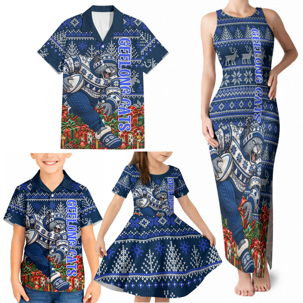 Personalized Geelong Cats Football Christmas Family Matching Tank Maxi Dress and Hawaiian Shirt Australian Football Mascot - Ugly Xmas Pattern Festive