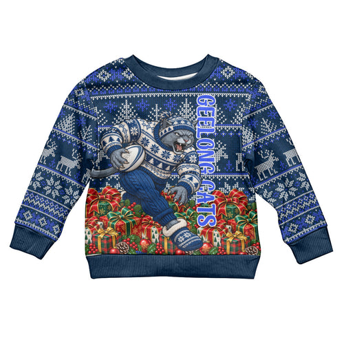 Personalized Geelong Cats Football Christmas Kid Ugly Christmas Sweater Australian Football Mascot - Ugly Xmas Pattern Festive