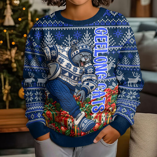 Personalized Geelong Cats Football Christmas Kid Ugly Christmas Sweater Australian Football Mascot - Ugly Xmas Pattern Festive
