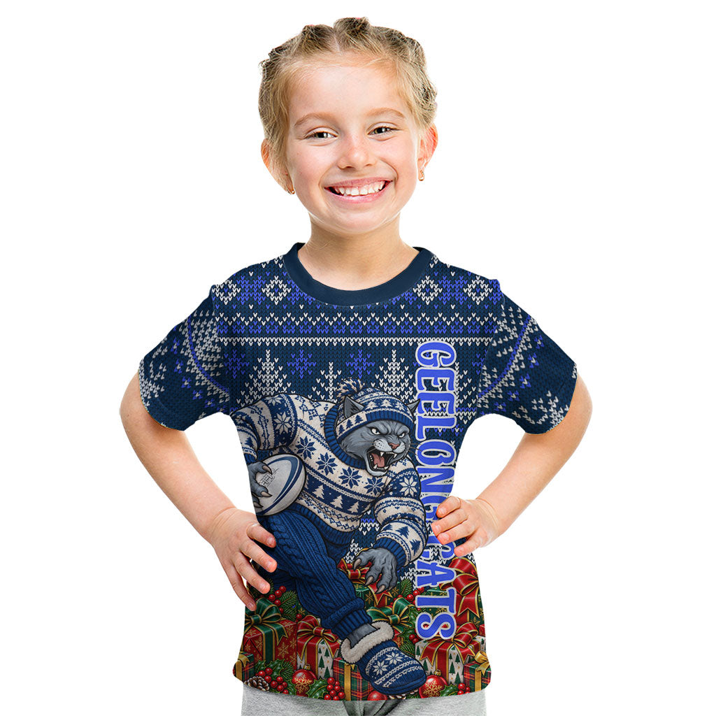Personalized Geelong Cats Football Christmas Kid T Shirt Australian Football Mascot - Ugly Xmas Pattern Festive