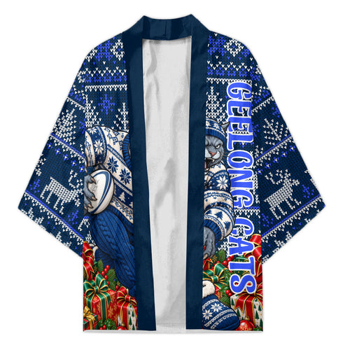 Personalized Geelong Cats Football Christmas Kimono Australian Football Mascot - Ugly Xmas Pattern Festive