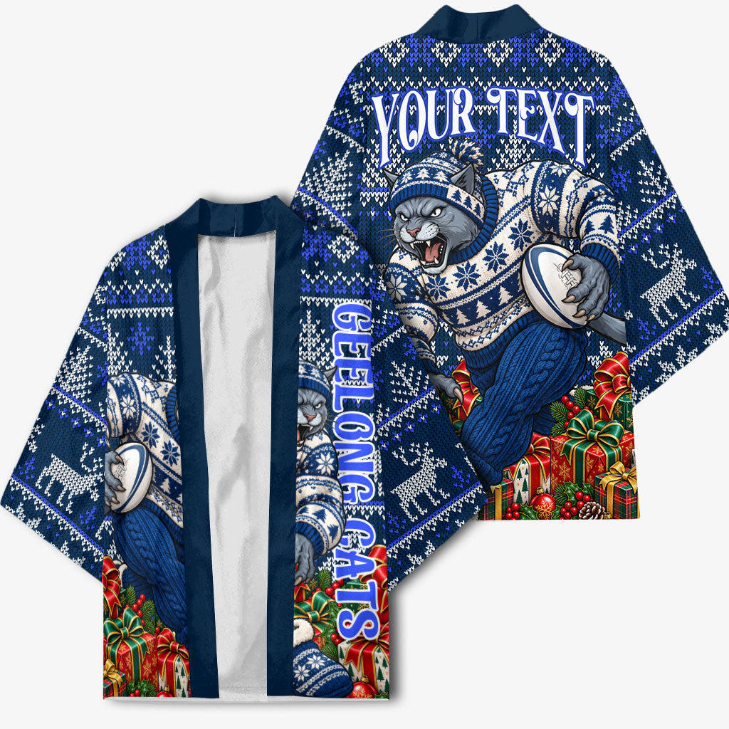 Personalized Geelong Cats Football Christmas Kimono Australian Football Mascot - Ugly Xmas Pattern Festive