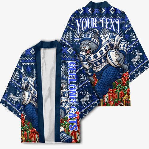 Personalized Geelong Cats Football Christmas Kimono Australian Football Mascot - Ugly Xmas Pattern Festive