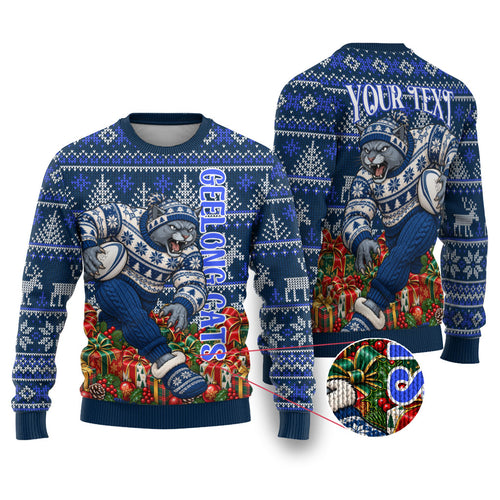 Personalized Geelong Cats Football Christmas Ugly Christmas Sweater Australian Football Mascot - Ugly Xmas Pattern Festive