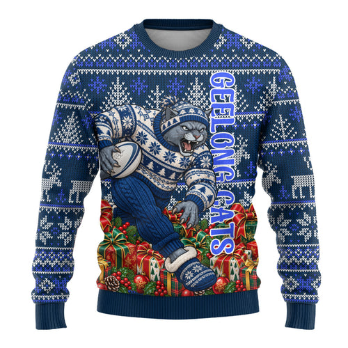 Personalized Geelong Cats Football Christmas Ugly Christmas Sweater Australian Football Mascot - Ugly Xmas Pattern Festive