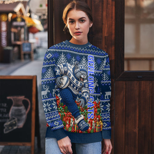 Personalized Geelong Cats Football Christmas Ugly Christmas Sweater Australian Football Mascot - Ugly Xmas Pattern Festive
