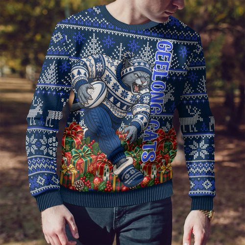Personalized Geelong Cats Football Christmas Ugly Christmas Sweater Australian Football Mascot - Ugly Xmas Pattern Festive