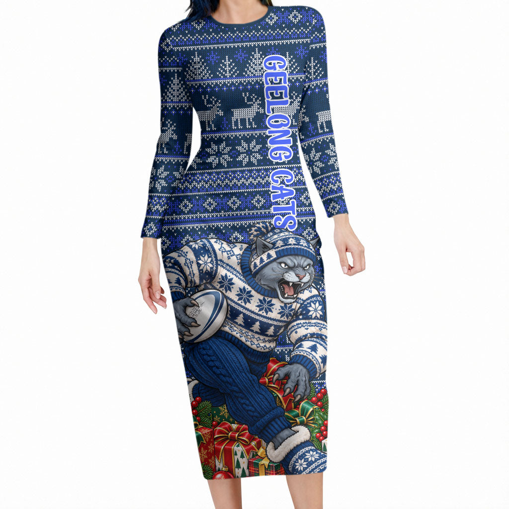 Personalized Geelong Cats Football Christmas Long Sleeve Bodycon Dress Australian Football Mascot - Ugly Xmas Pattern Festive