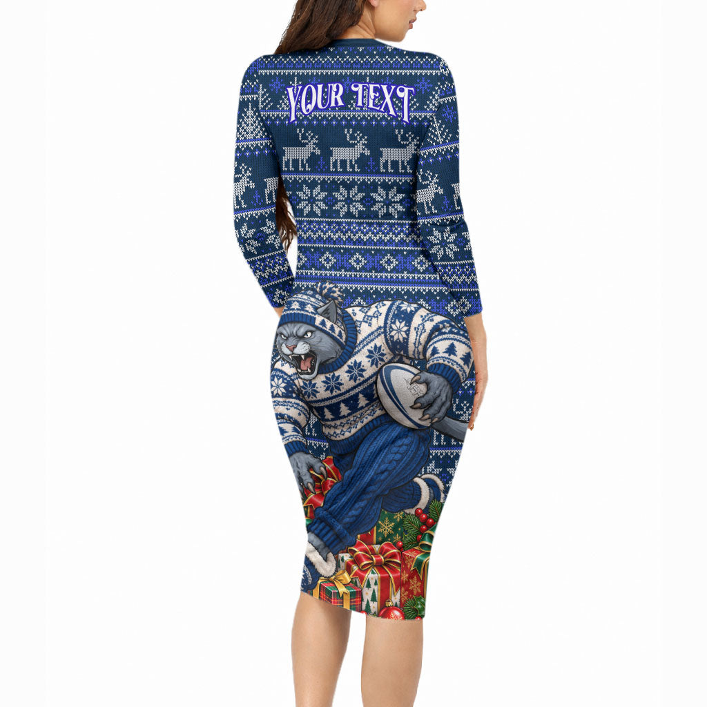 Personalized Geelong Cats Football Christmas Long Sleeve Bodycon Dress Australian Football Mascot - Ugly Xmas Pattern Festive