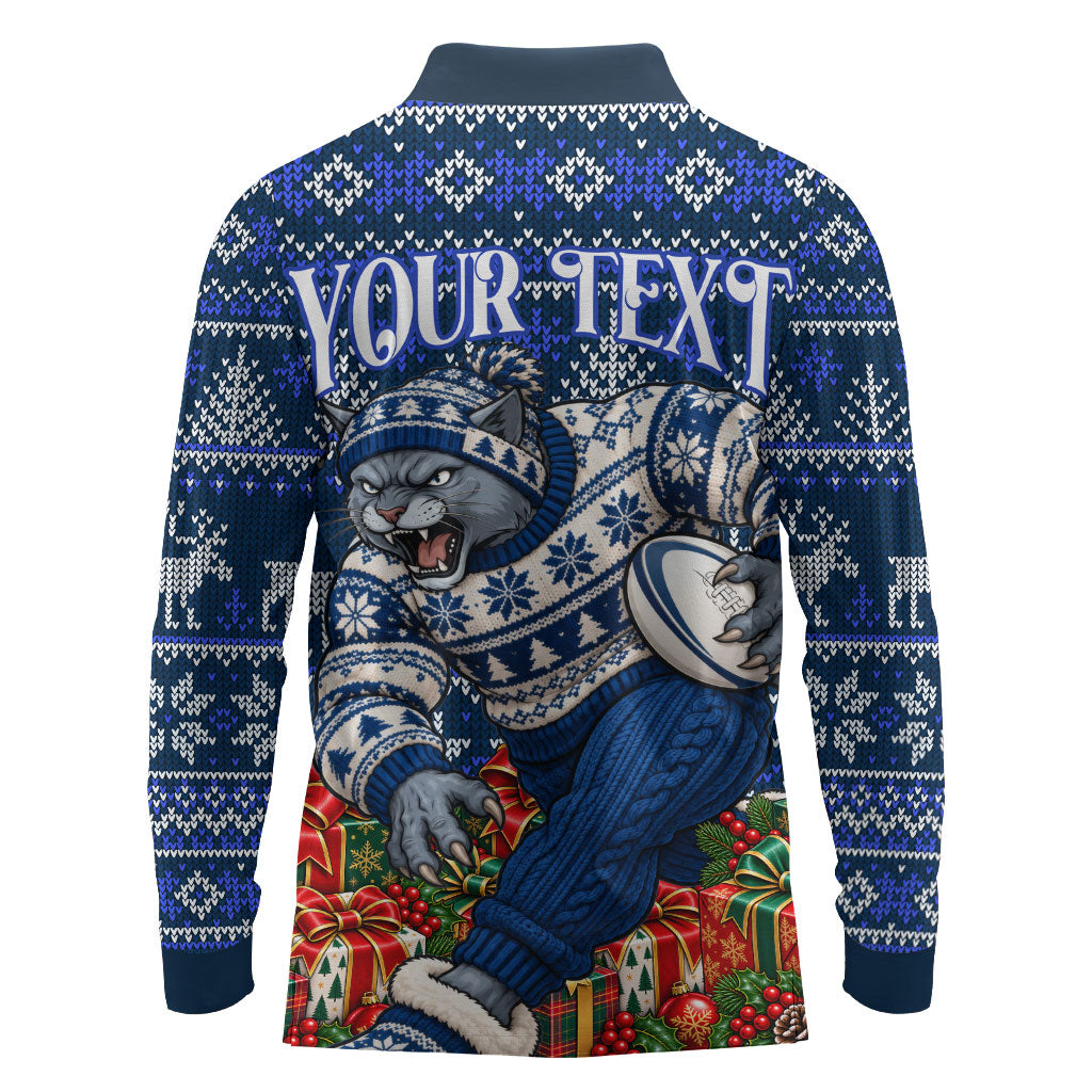 Personalized Geelong Cats Football Christmas Long Sleeve Polo Shirt Australian Football Mascot - Ugly Xmas Pattern Festive