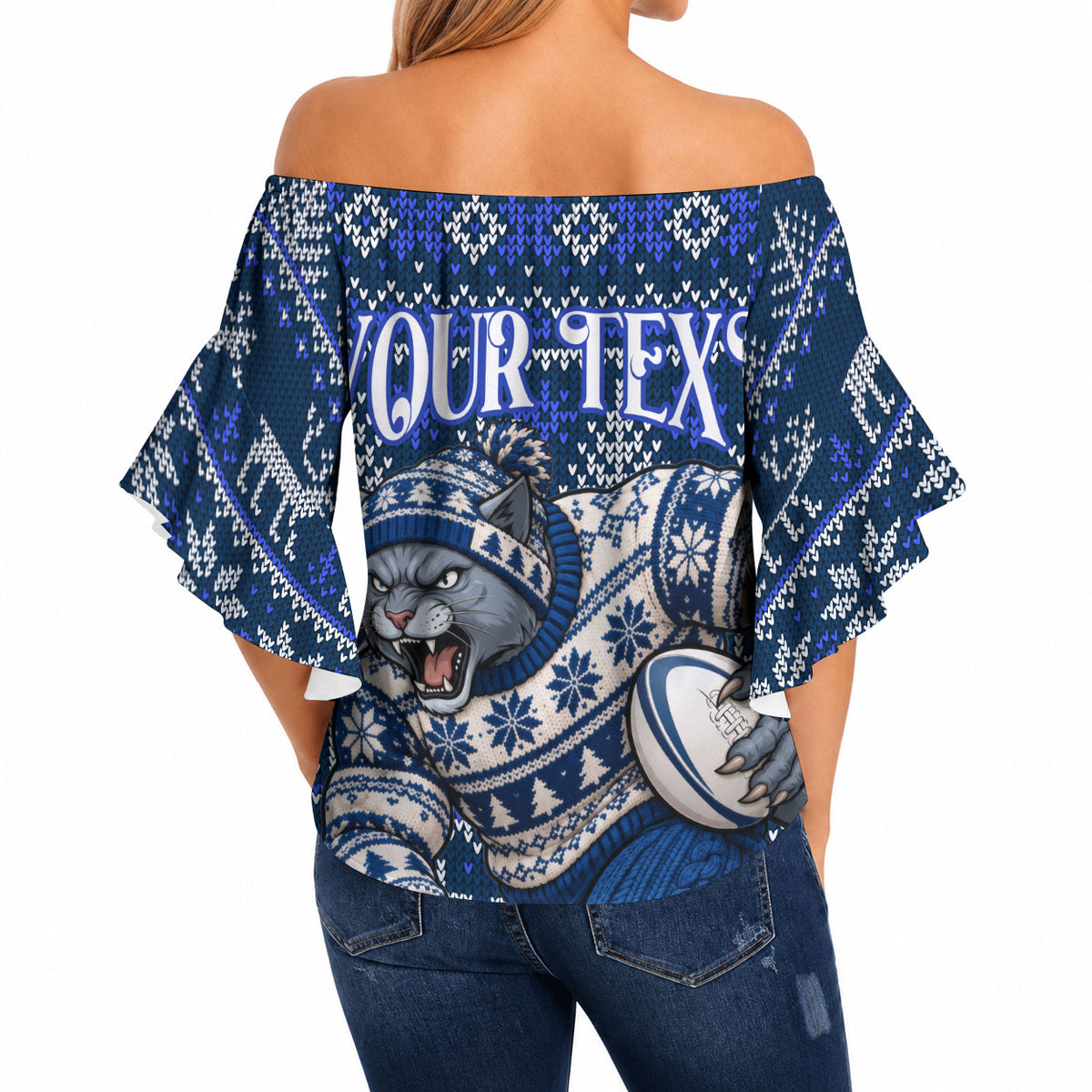 Personalized Geelong Cats Football Christmas Off Shoulder Wrap Waist Top Australian Football Mascot - Ugly Xmas Pattern Festive