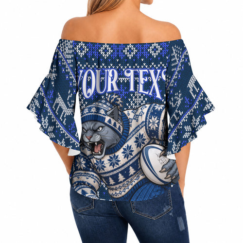 Personalized Geelong Cats Football Christmas Off Shoulder Wrap Waist Top Australian Football Mascot - Ugly Xmas Pattern Festive