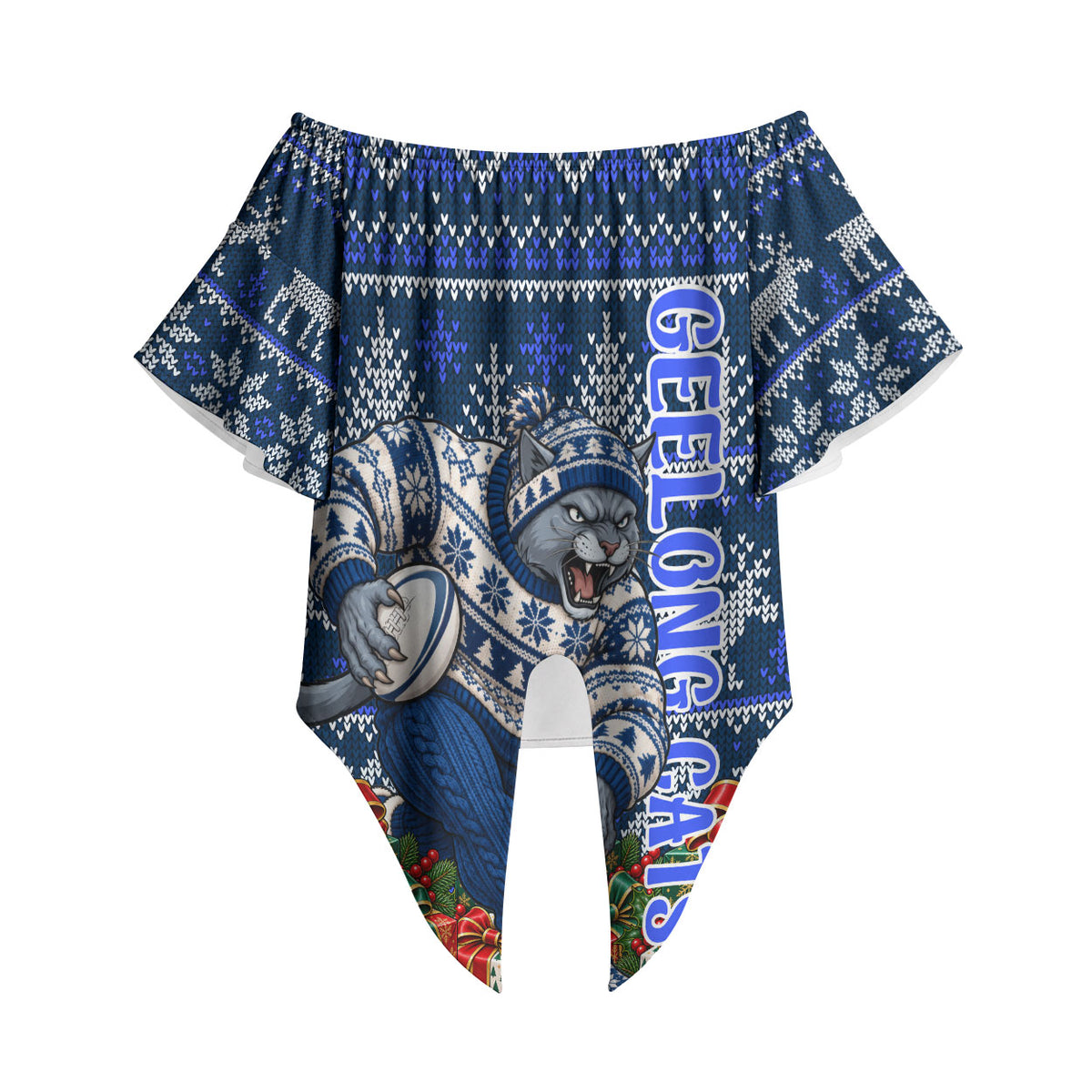 Personalized Geelong Cats Football Christmas Off Shoulder Wrap Waist Top Australian Football Mascot - Ugly Xmas Pattern Festive