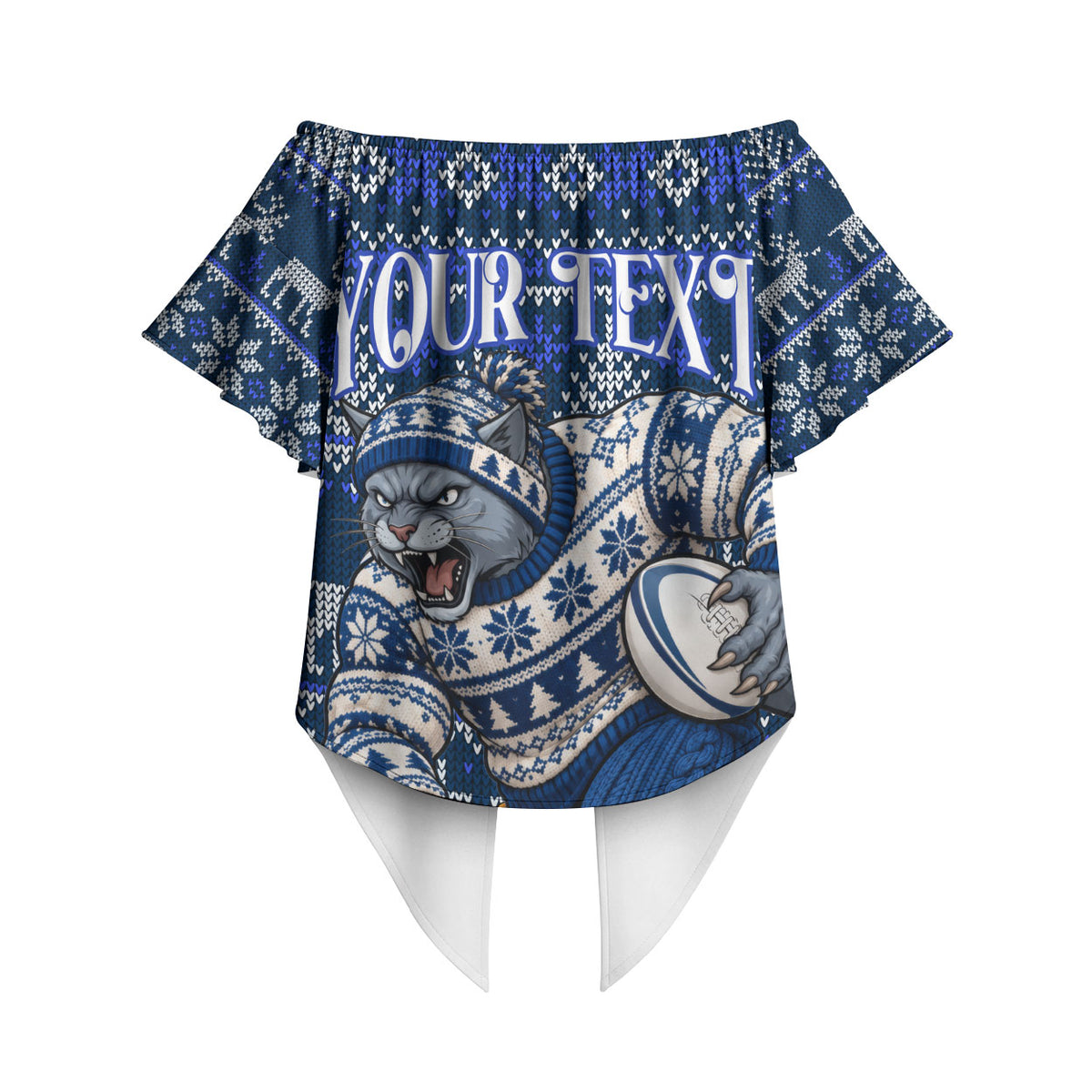 Personalized Geelong Cats Football Christmas Off Shoulder Wrap Waist Top Australian Football Mascot - Ugly Xmas Pattern Festive
