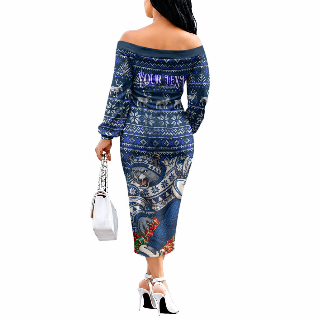 Personalized Geelong Cats Football Christmas Off The Shoulder Long Sleeve Dress Australian Football Mascot - Ugly Xmas Pattern Festive