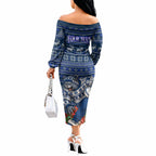 Personalized Geelong Cats Football Christmas Off The Shoulder Long Sleeve Dress Australian Football Mascot - Ugly Xmas Pattern Festive