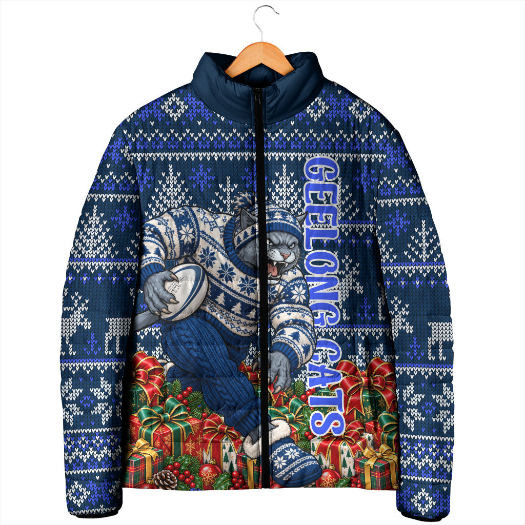 Personalized Geelong Cats Football Christmas Padded Jacket Australian Football Mascot - Ugly Xmas Pattern Festive
