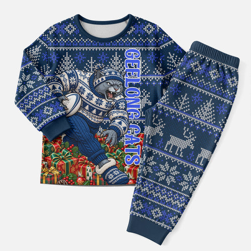 Personalized Geelong Cats Football Christmas Pajama Set Australian Football Mascot - Ugly Xmas Pattern Festive