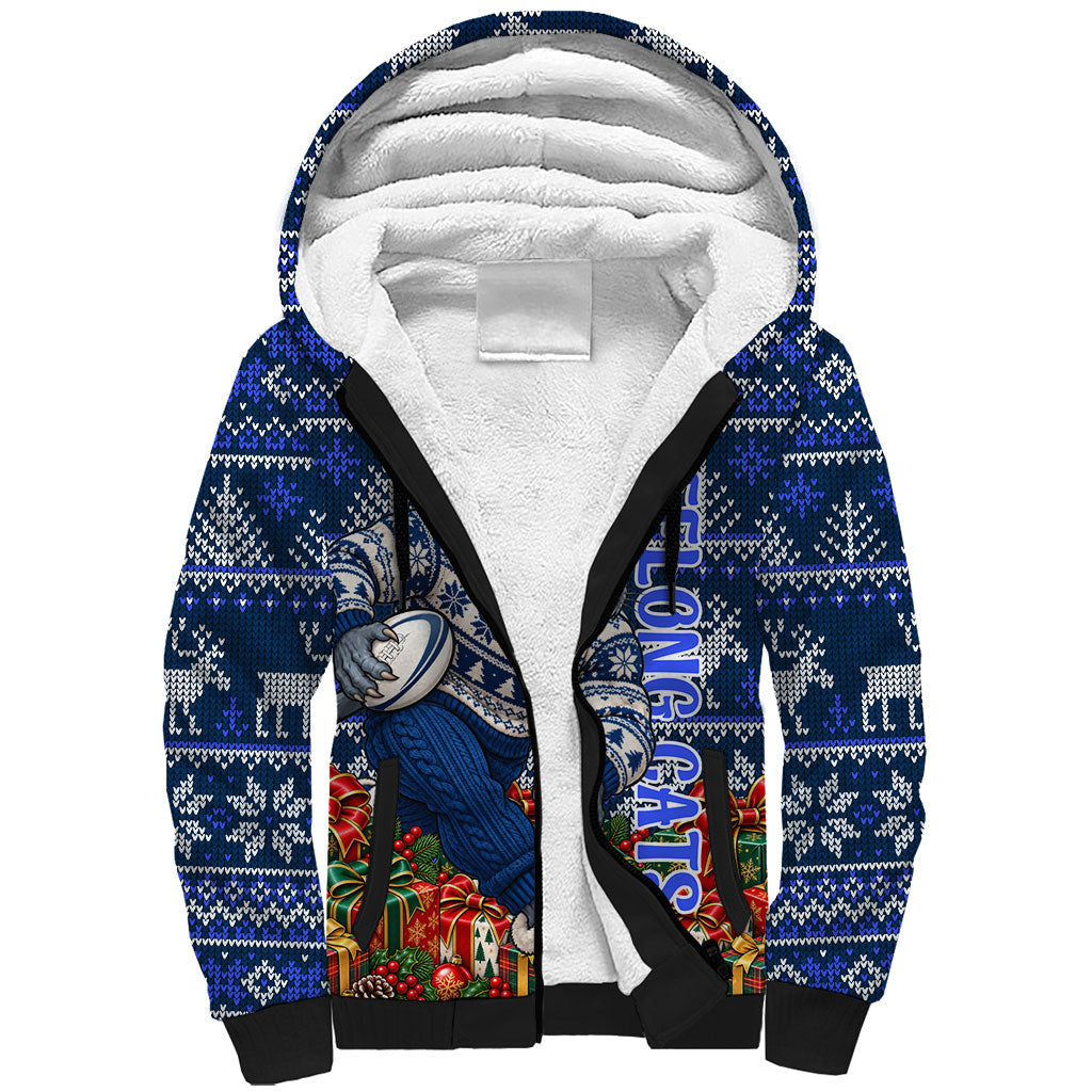 Personalized Geelong Cats Football Christmas Sherpa Hoodie Australian Football Mascot - Ugly Xmas Pattern Festive