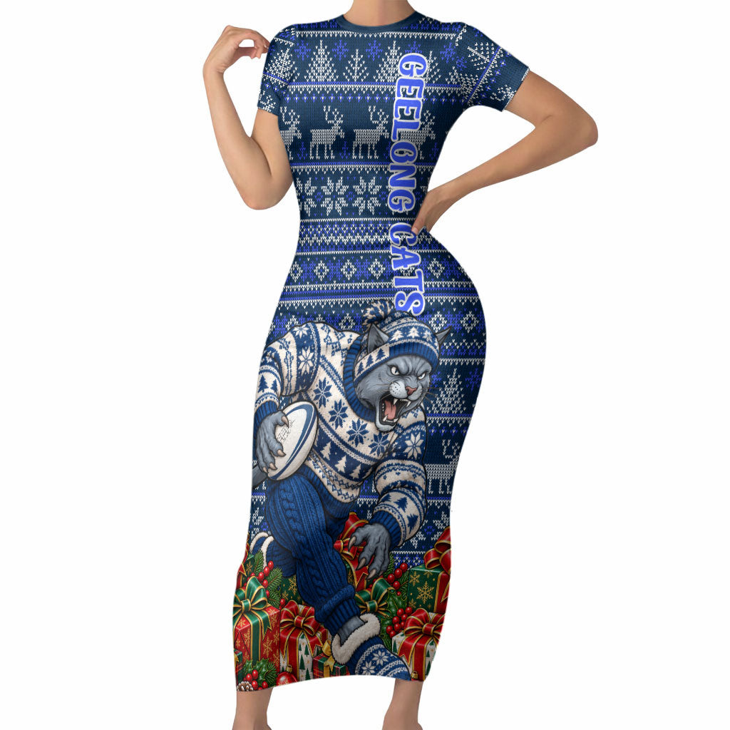 Personalized Geelong Cats Football Christmas Short Sleeve Bodycon Dress Australian Football Mascot - Ugly Xmas Pattern Festive