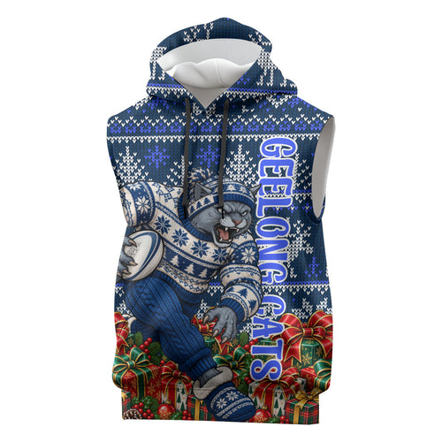 Personalized Geelong Cats Football Christmas Sleeveless Hoodie Australian Football Mascot - Ugly Xmas Pattern Festive
