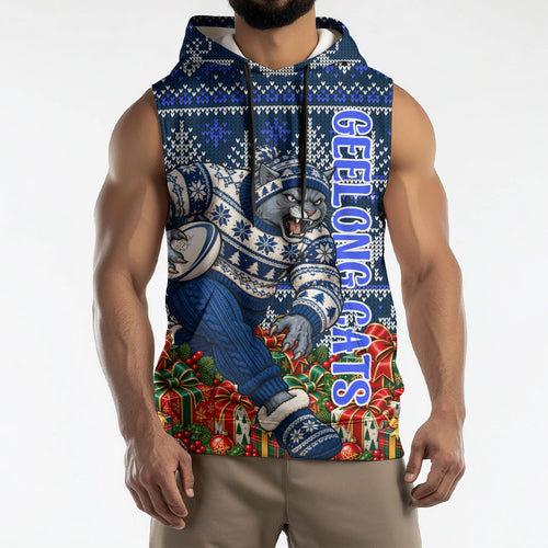 Personalized Geelong Cats Football Christmas Sleeveless Hoodie Australian Football Mascot - Ugly Xmas Pattern Festive